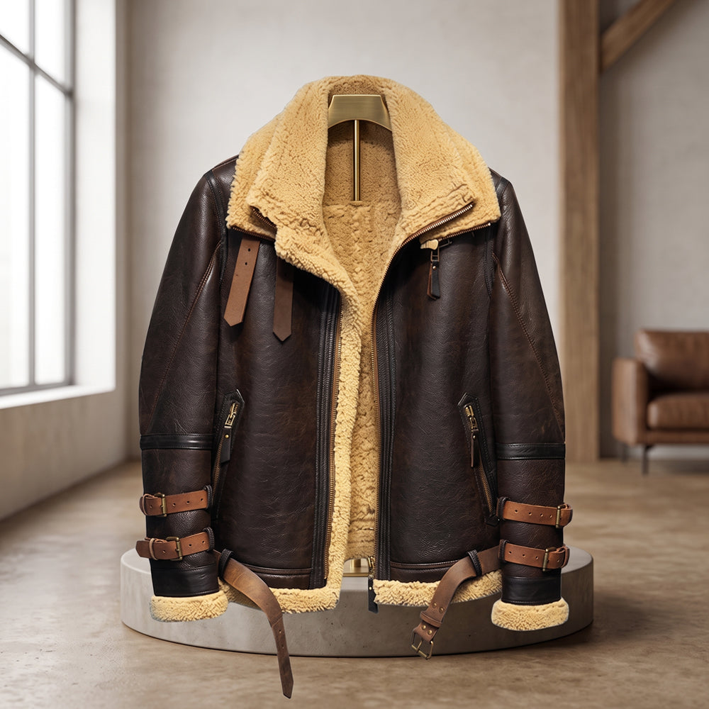 Men Flight Aviator Sheepskin Pilot Fur Bomber Brown Leather Jacket