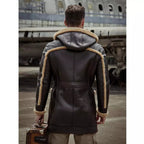 Men's B7 Bomber Sheepskin Leather Coat with Hood in Dark Brown