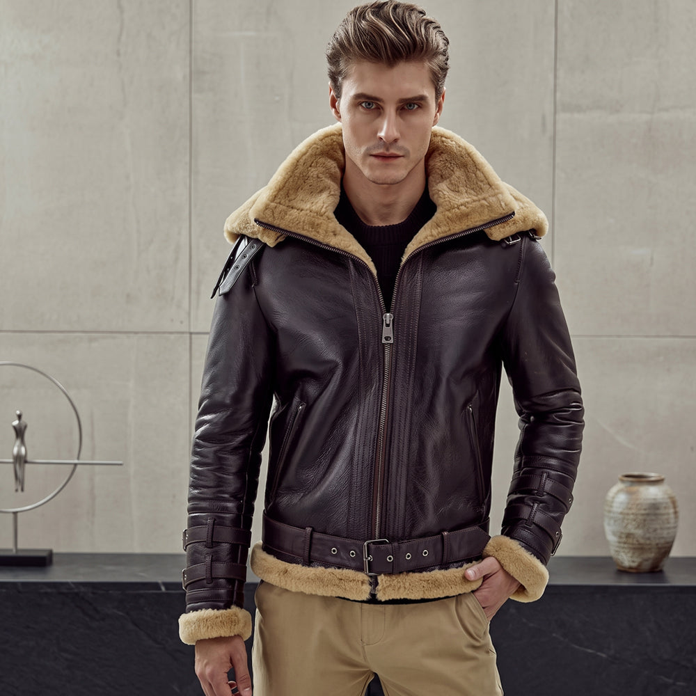 Men's Espresso Brown Belted B-3 RAF Shearling Leather Aviator Jacket