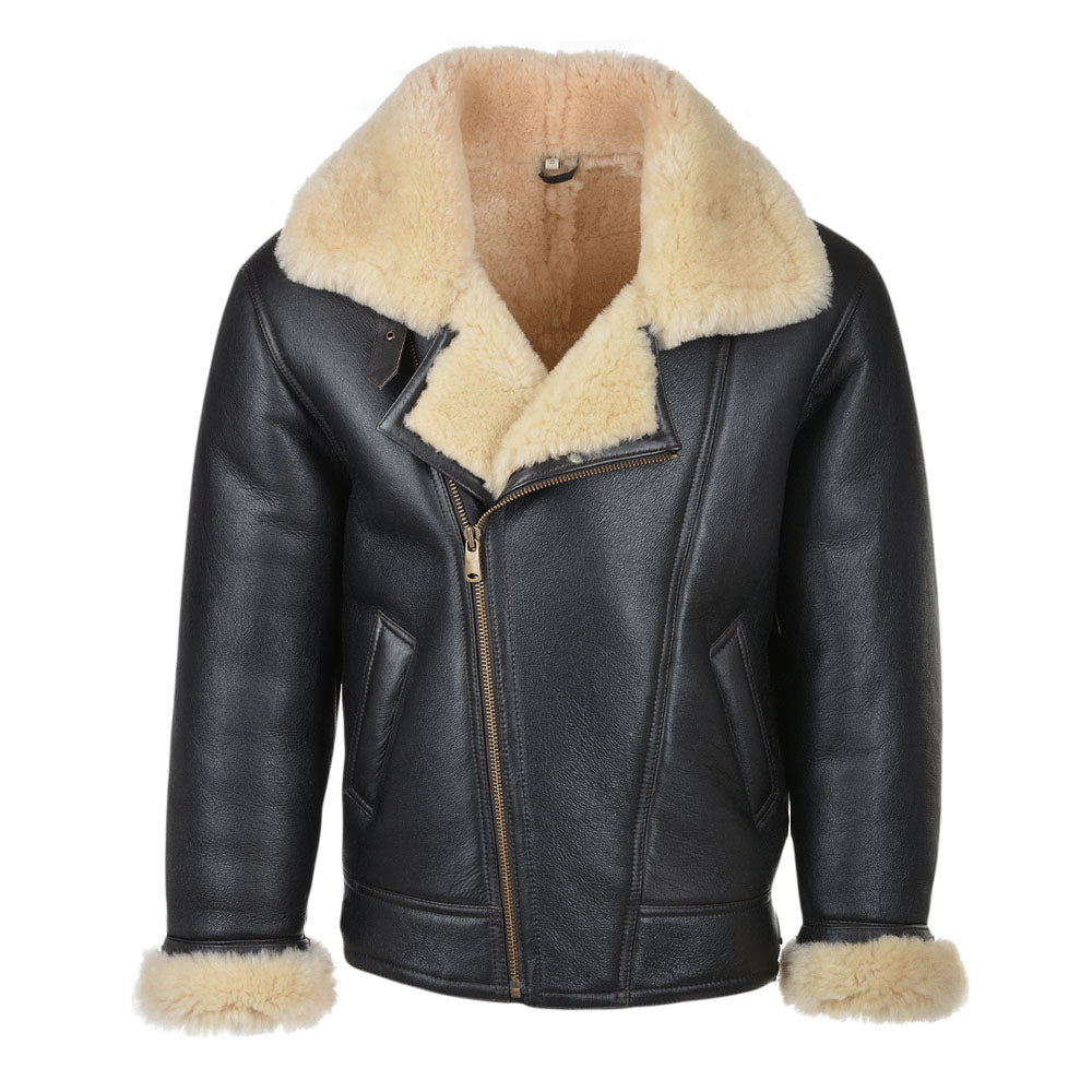 Men's Black Asymmetrical Shearling Biker Jacket with Beige Wool