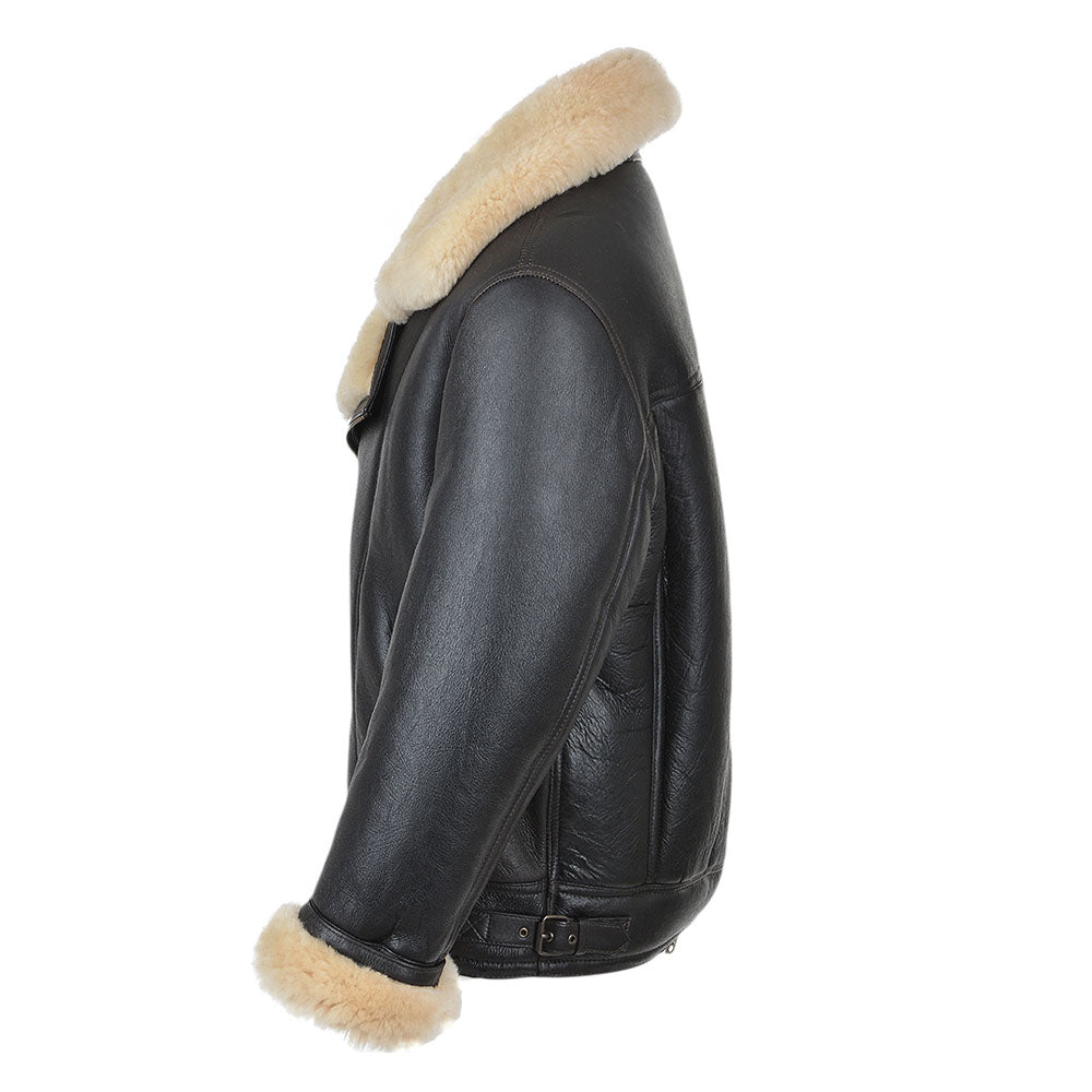 Men's Black Asymmetrical Shearling Biker Jacket with Beige Wool