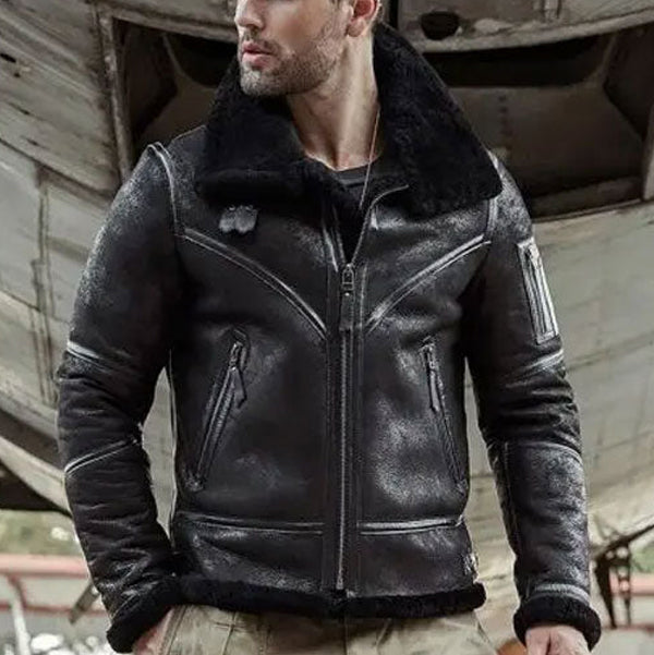 Mens Black Aviator Shearling Bomber Leather Jacket