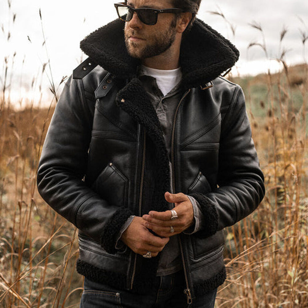 Men's B-3 Aviator Flight Jacket – Black Grain Sheepskin & Jet Black Fur