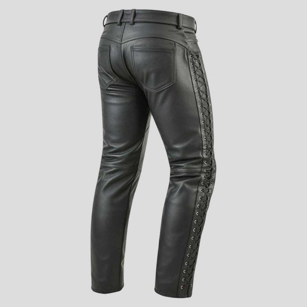 Men’s Black Cowhide Leather Pants Slim Fit Gothic Lace Up