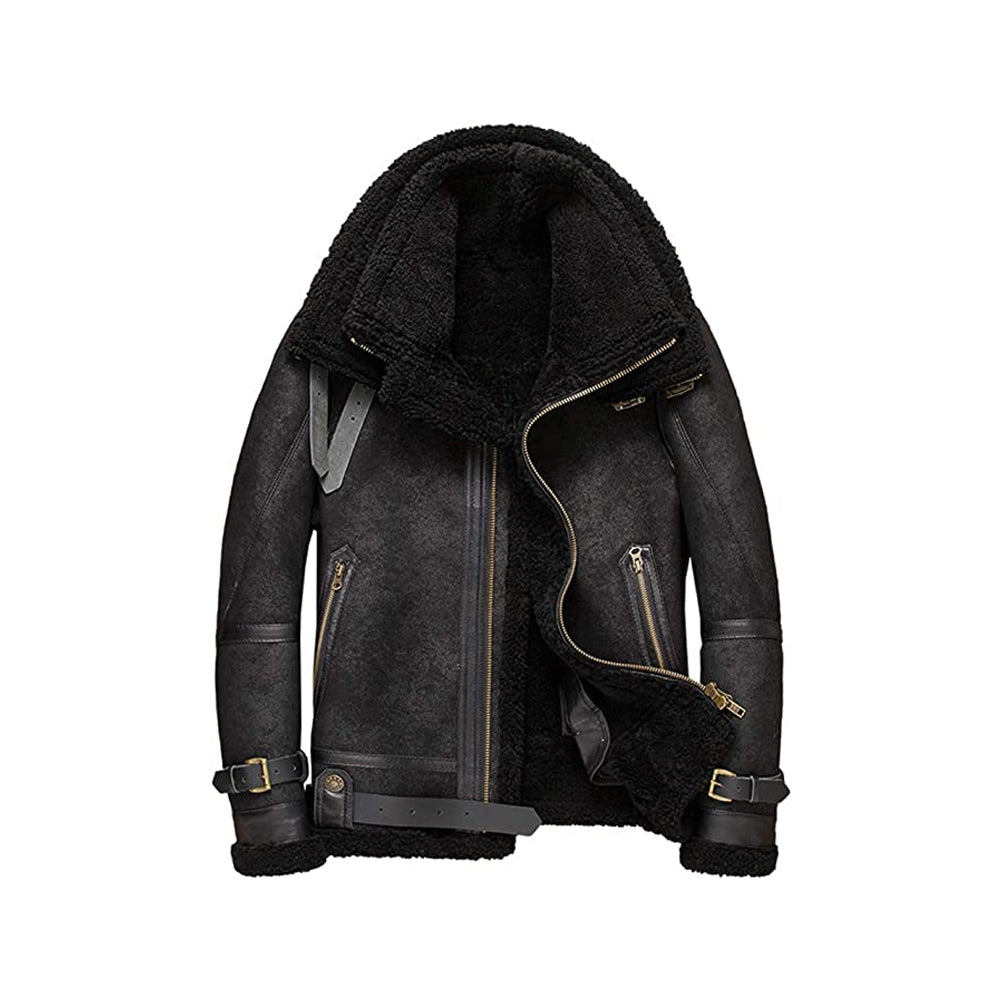 Black Crackle B-3 Asymmetric Shearling Leather Aviator Jacket