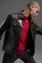 Men's Black Crocodile Alligator Embossed Genuine Leather Trucker Jacket