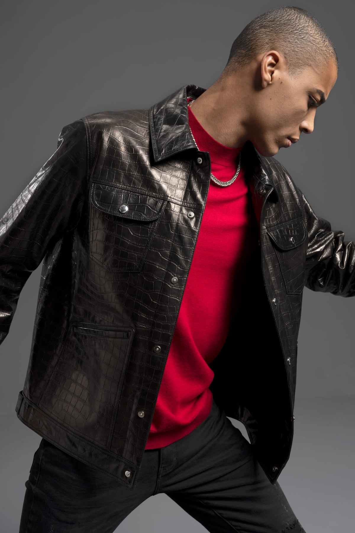 Men's Black Crocodile Alligator Embossed Genuine Leather Trucker Jacket