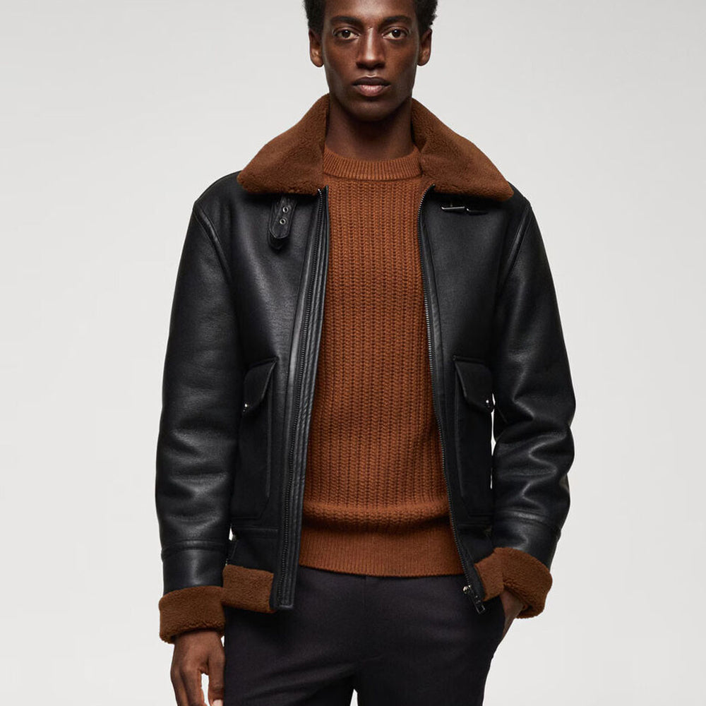 B-3 Aviator Shearling Leather Jacket – Jet Black with Tobacco Brown Fur