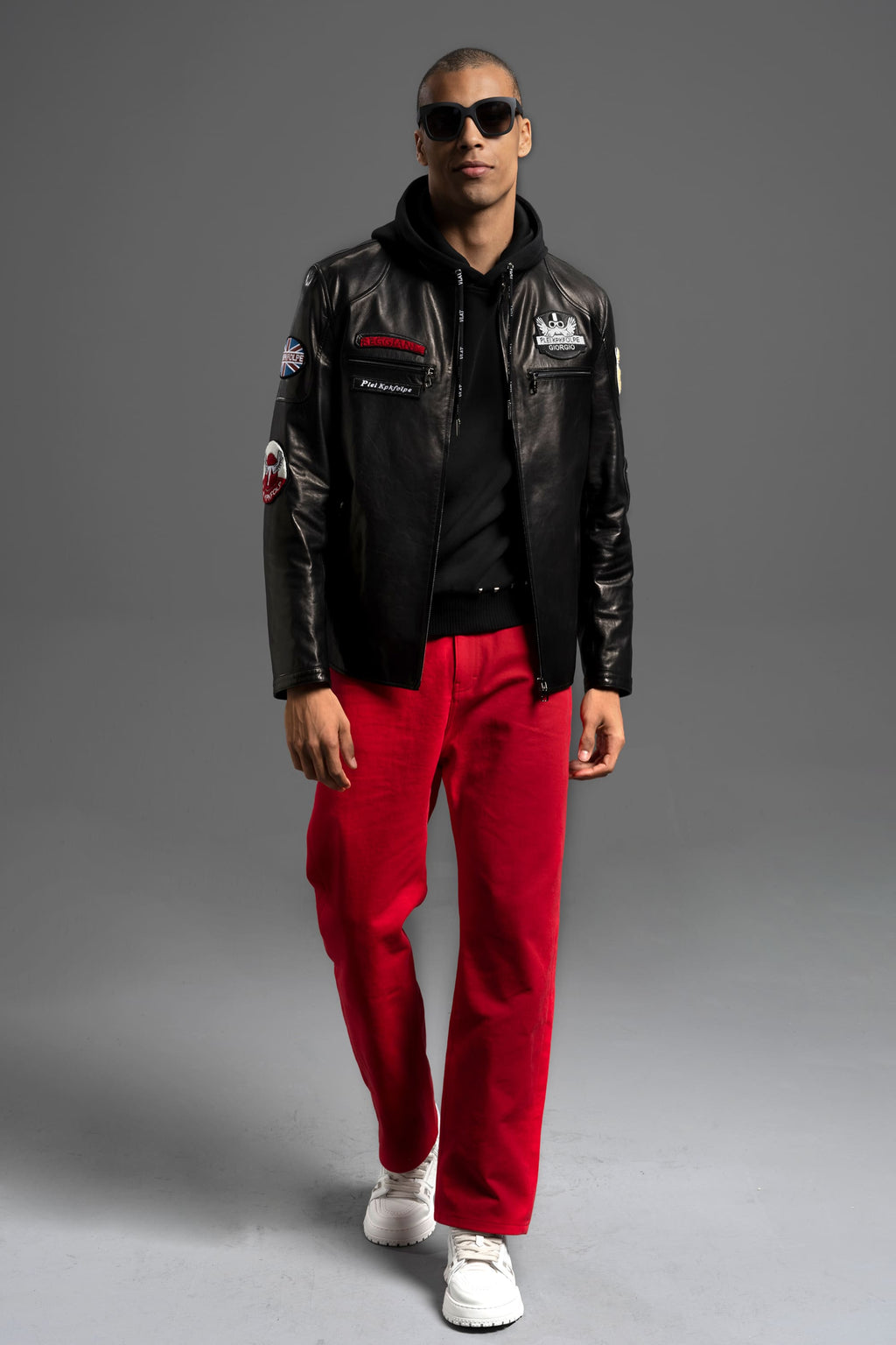 Men's Black Genuine Goatskin Leather Biker Jacket with Patches