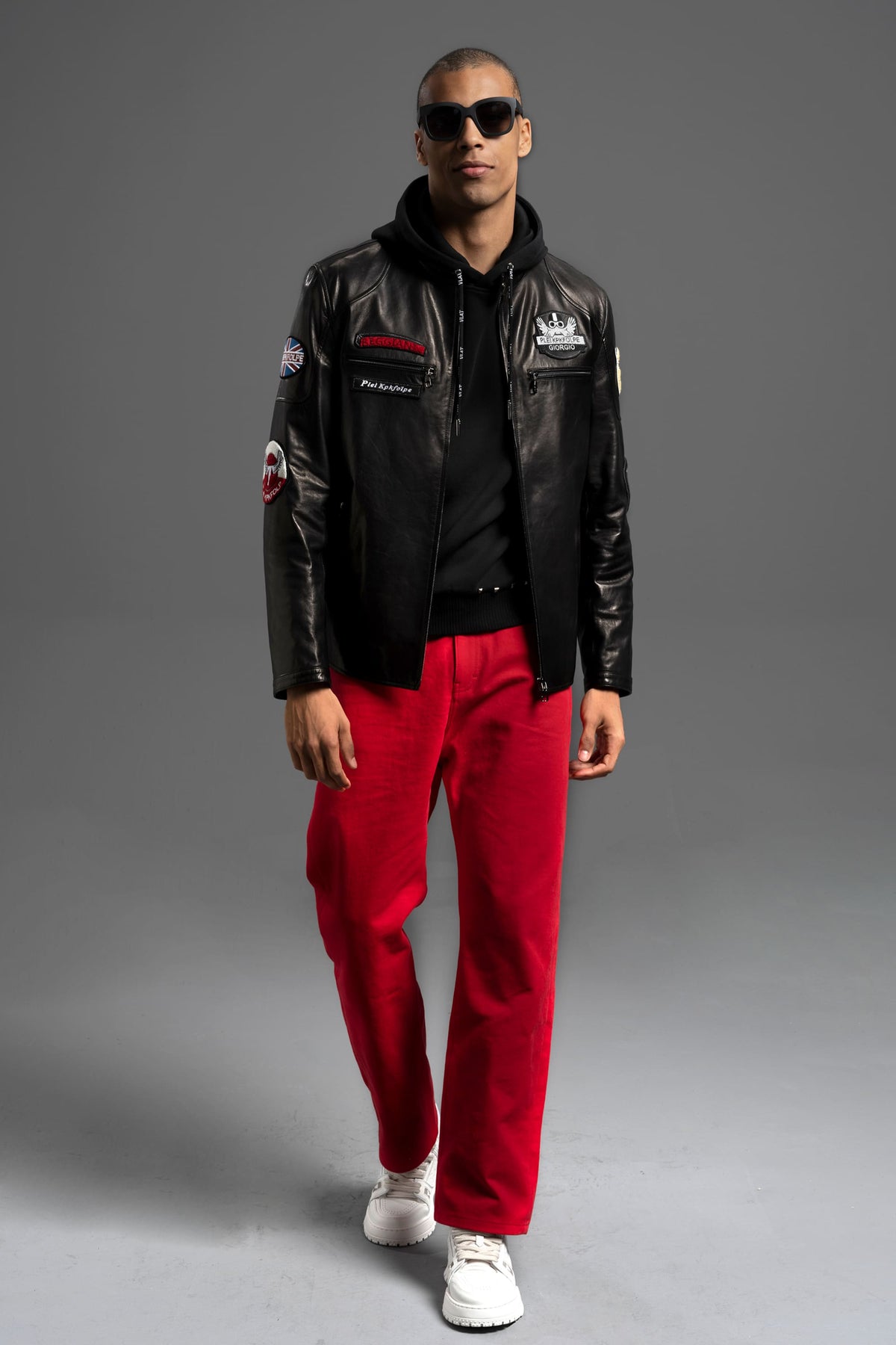 Men's Black Genuine Goatskin Leather Biker Jacket with Patches