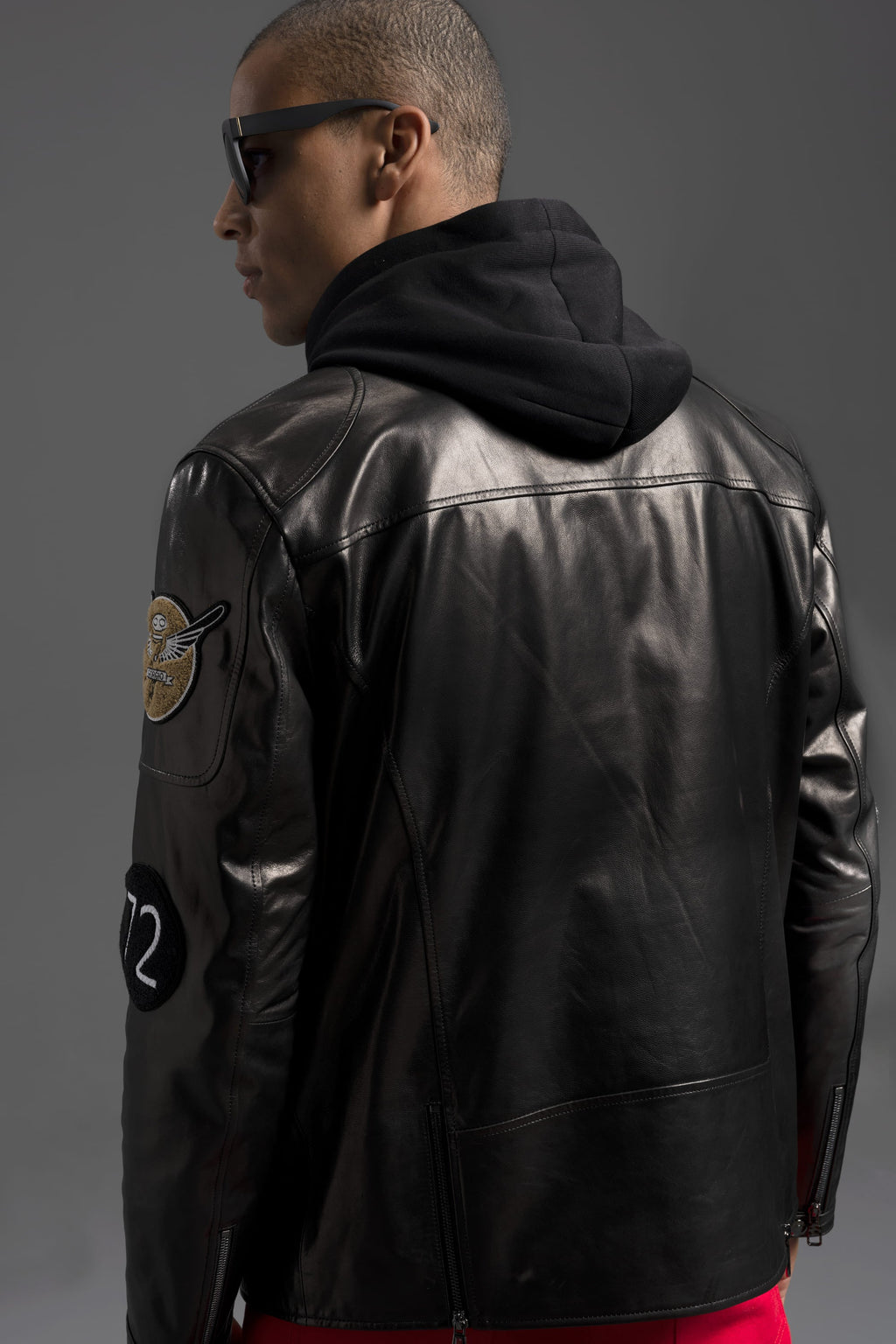 Men's Black Genuine Goatskin Leather Biker Jacket with Patches