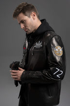 Men's Black Genuine Goatskin Leather Biker Jacket with Patches