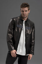 Men's Black 100% Goatskin Embroidered Racer Leather Biker Jacket
