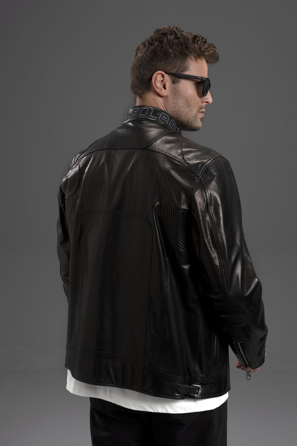 Men's Black 100% Goatskin Embroidered Racer Leather Biker Jacket