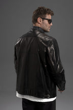 Men's Black 100% Goatskin Embroidered Racer Leather Biker Jacket