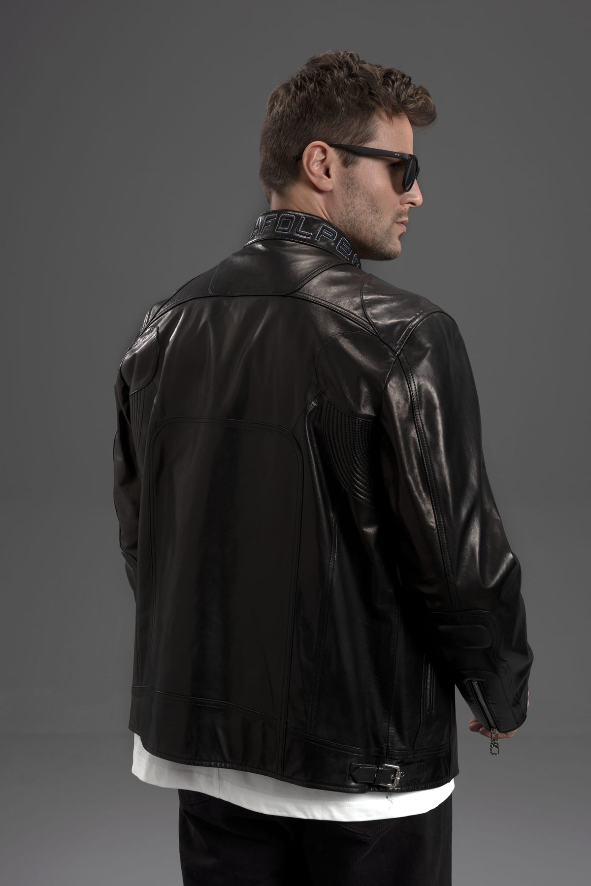 Men's Black 100% Goatskin Embroidered Racer Leather Biker Jacket