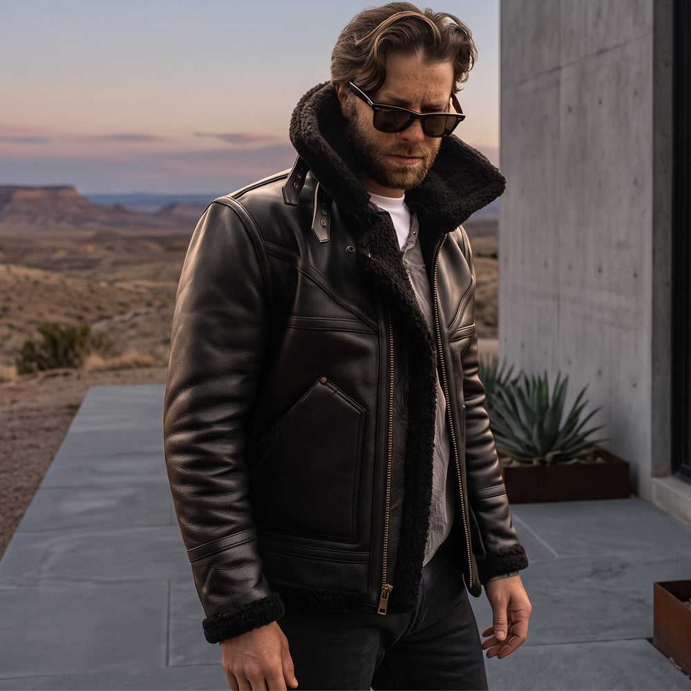 Men's B-3 Aviator Flight Jacket – Black Grain Sheepskin & Jet Black Fur