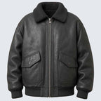 Men's Black Genuine Leather Aviator Jacket with Shearling Collar