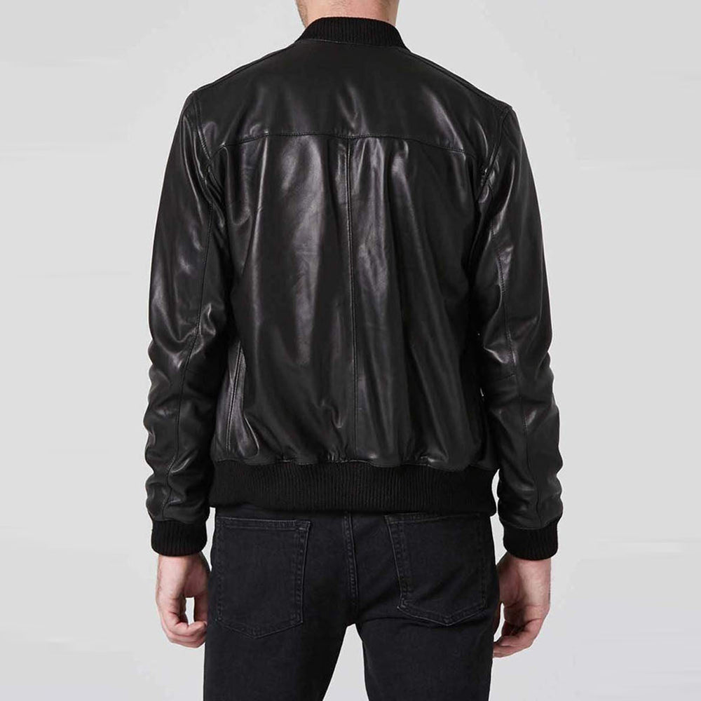 Men's Black Leather Bomber Jacket Double Zipper
