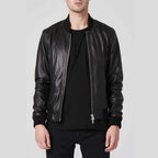 Men's Black Leather Bomber Jacket Double Zipper