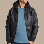 Mens Black Leather Hooded Bomber Jacket