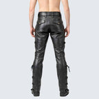 Men's Black Genuine Leather Lace-Up Biker Pants in Slim Fit Gothic Punk Style