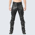 Men's Black Genuine Leather Lace-Up Biker Pants in Slim Fit Gothic Punk Style