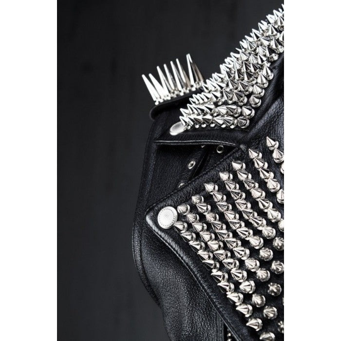 Men's Black Leather Silver Studded Biker Punk Vest