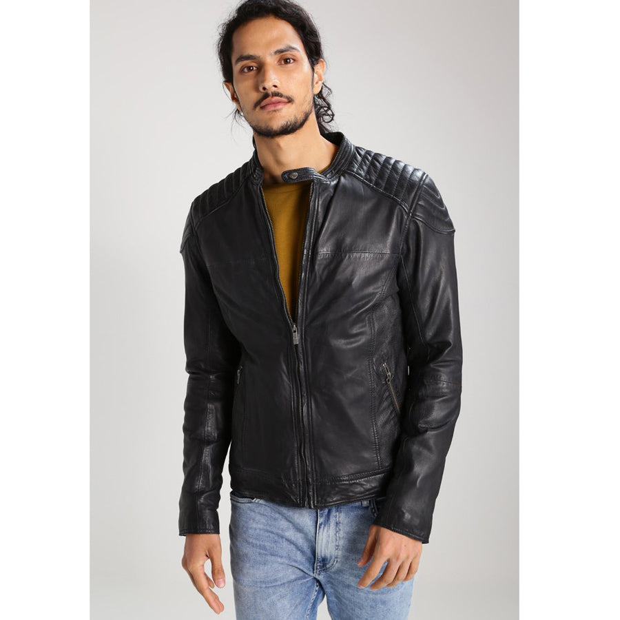 Mens Black Leather Perforated Biker Jacket
