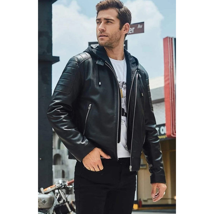 Mens Black Leather Removable Hood Biker Jacket