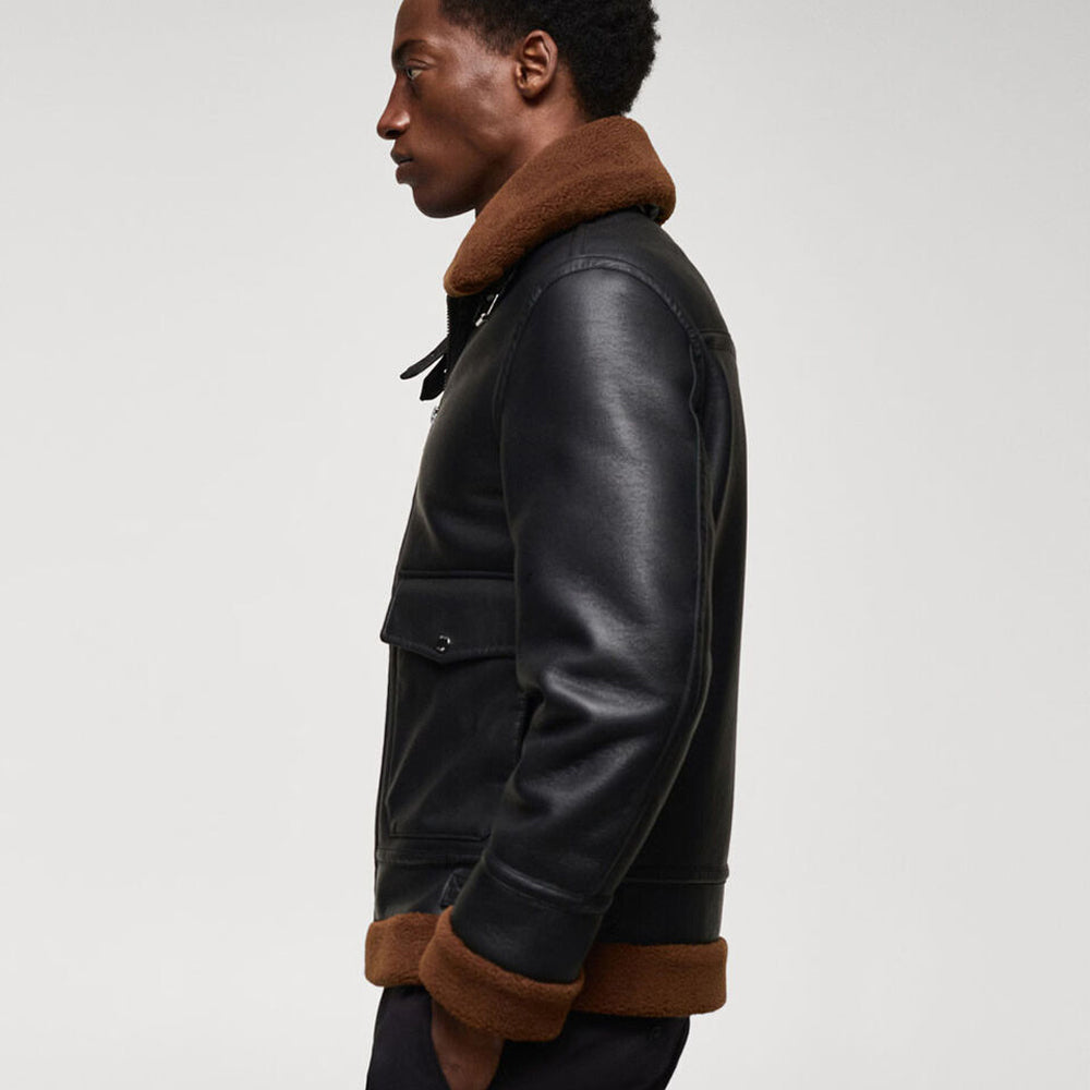 B-3 Aviator Shearling Leather Jacket – Jet Black with Tobacco Brown Fur