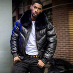 Men's Triple Black Leather V-Bomber Jacket | Real Fox Collar