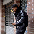 Men's Triple Black Leather V-Bomber Jacket | Real Fox Collar
