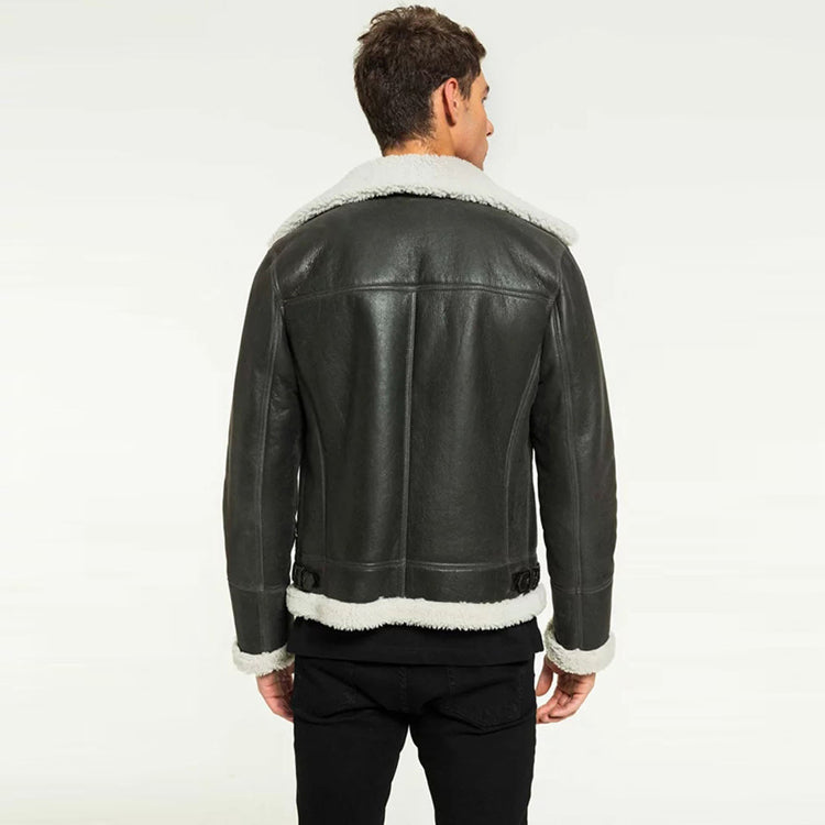 Men’s Black Leather White Shearling Jacket