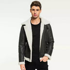 Men’s Black Leather White Shearling Jacket