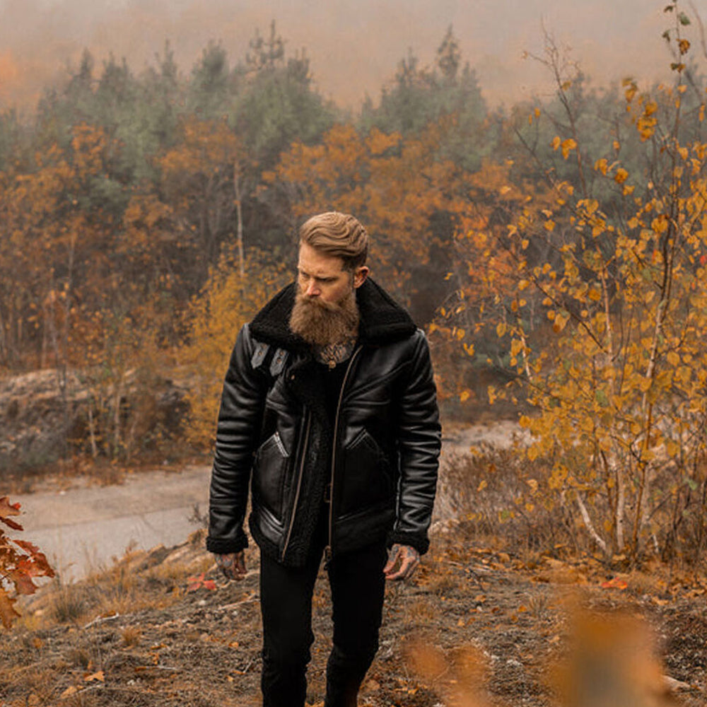 Men's B-3 Aviator Flight Jacket – Black Grain Sheepskin & Jet Black Fur