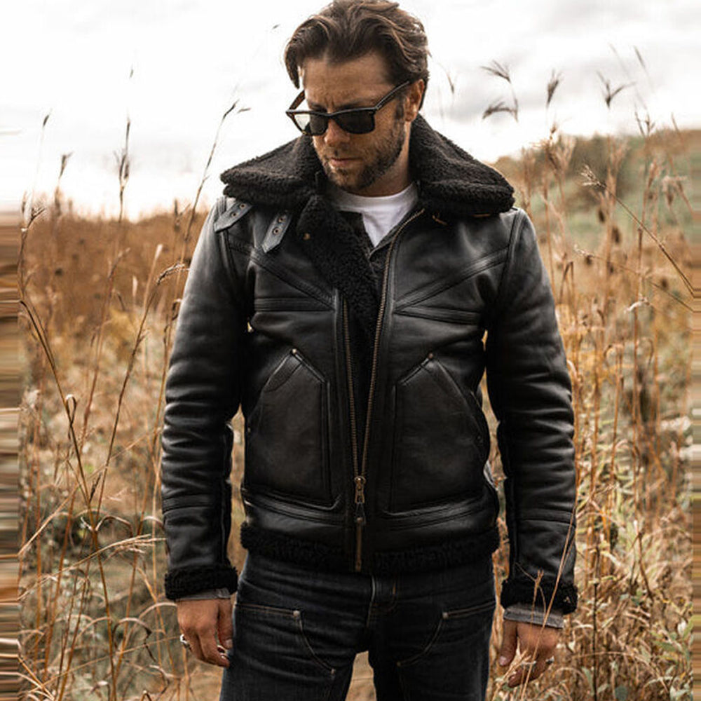 Men's B-3 Aviator Flight Jacket – Black Grain Sheepskin & Jet Black Fur