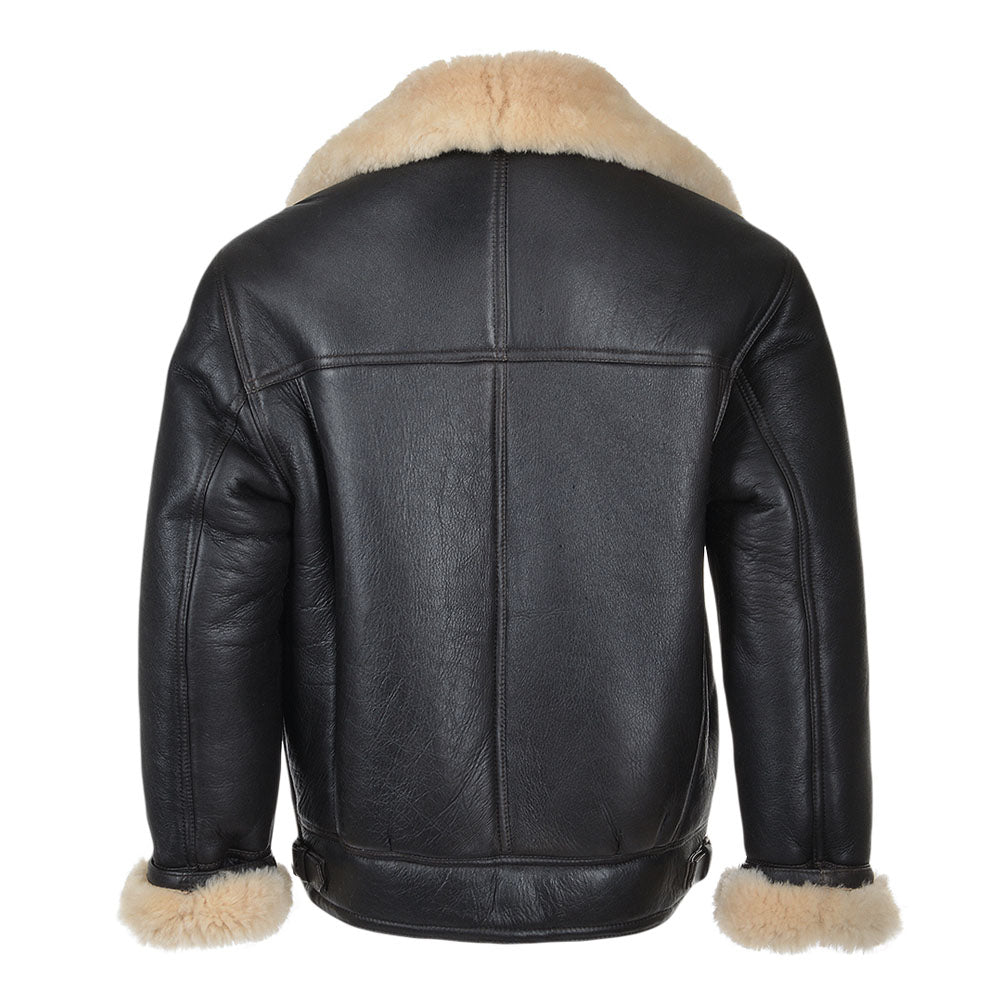 Men's Black Asymmetrical Shearling Biker Jacket with Beige Wool