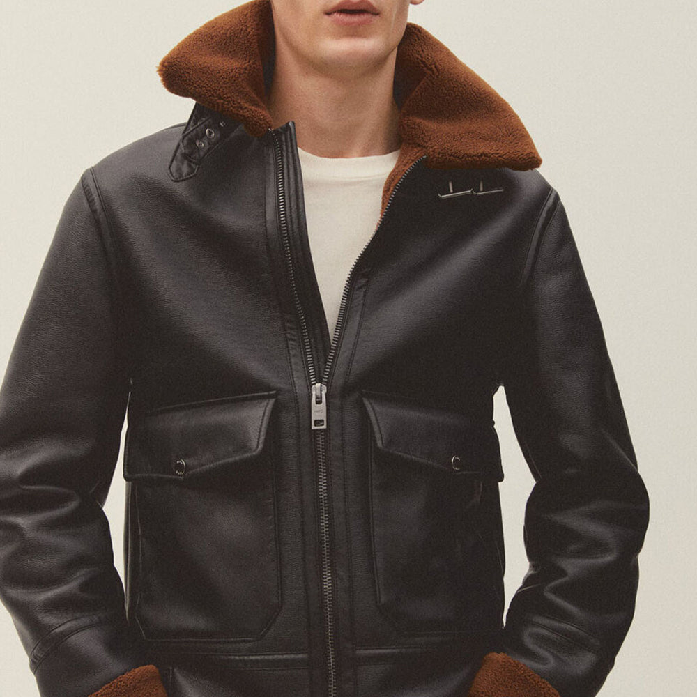 B-3 Aviator Shearling Leather Jacket – Jet Black with Tobacco Brown Fur