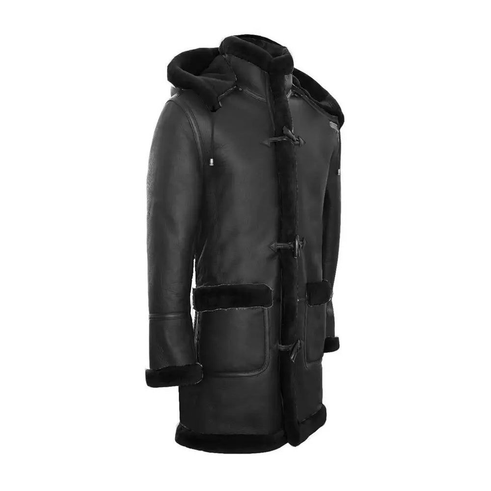 Men's Black Sheepskin Detachable Hood Duffle Coat