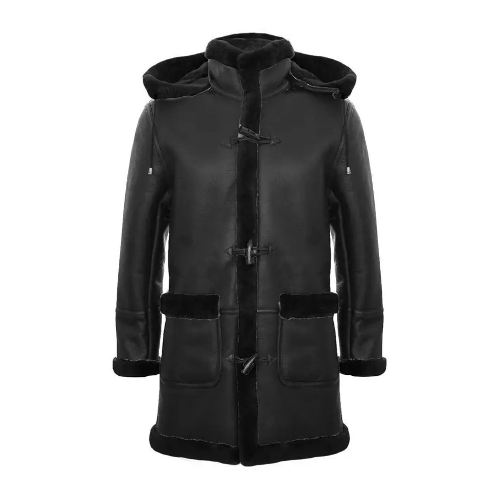 Men's Black Sheepskin Detachable Hood Duffle Coat