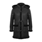 Men's Black Sheepskin Detachable Hood Duffle Coat