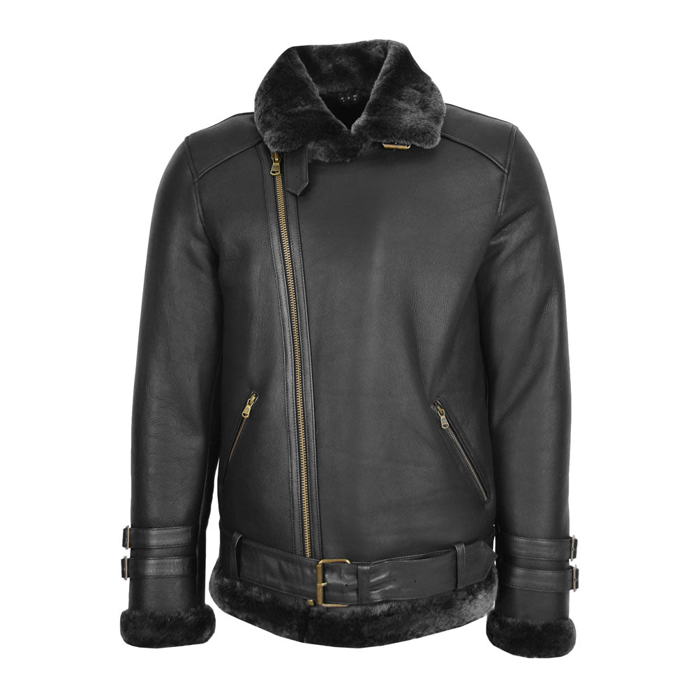 Smooth Black Asymmetric Shearling Belted Leather Biker Jacket