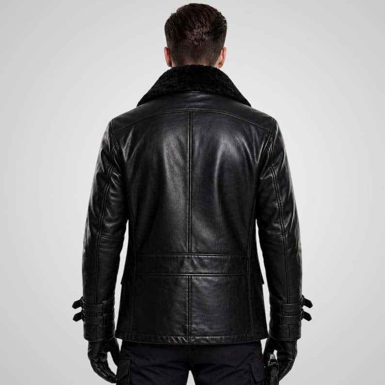 Men's Black Sheep Leather Double-Breasted Biker Coat - Slim Fit Winter Jacket
