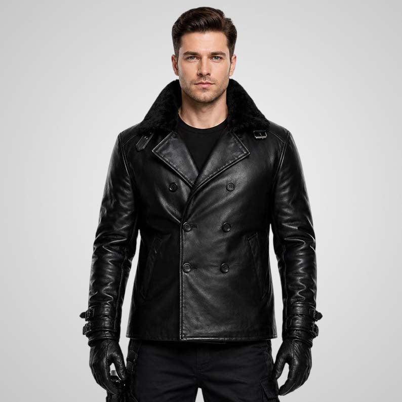 Men's Black Sheep Leather Double-Breasted Biker Coat - Slim Fit Winter Jacket