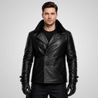 Men's Black Sheep Leather Double-Breasted Biker Coat - Slim Fit Winter Jacket