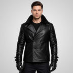 Men's Black Sheep Leather Double-Breasted Biker Coat - Slim Fit Winter Jacket