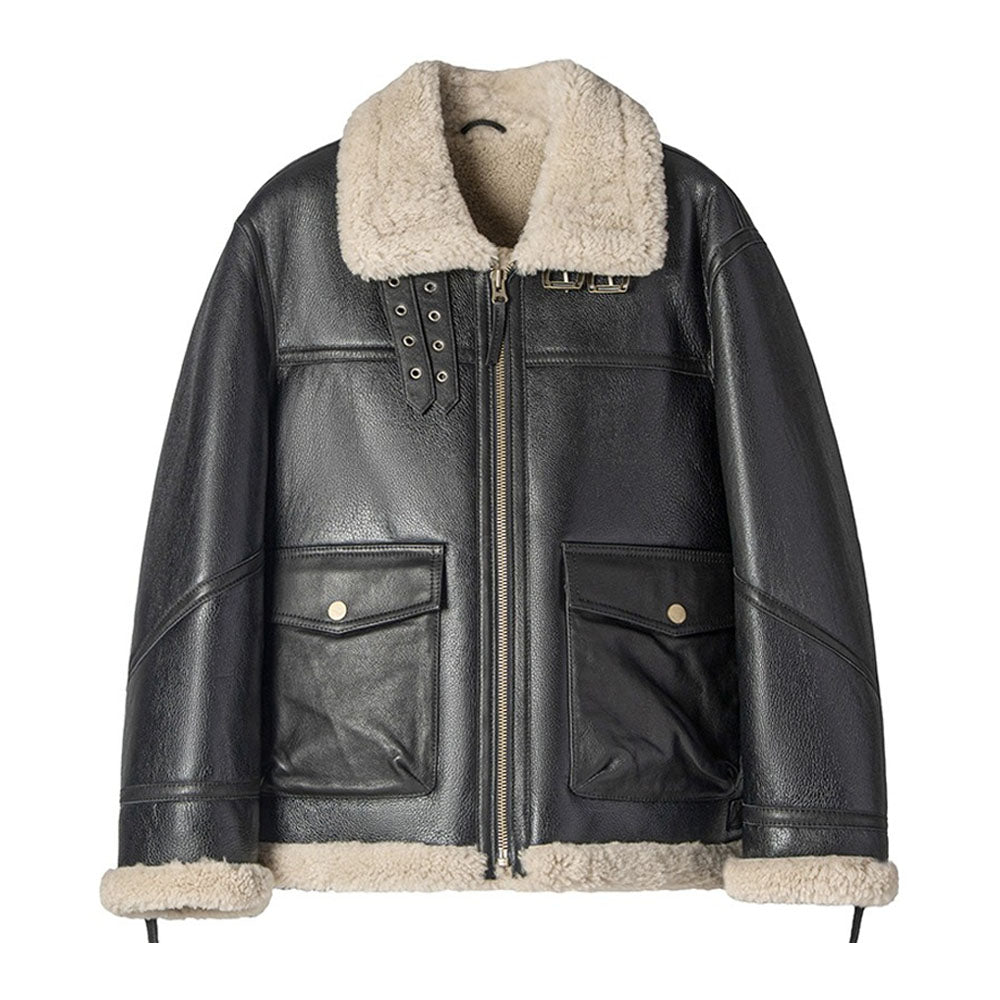 Men's Black Overseas Pilot Sheepskin Shearling Flight Jacket