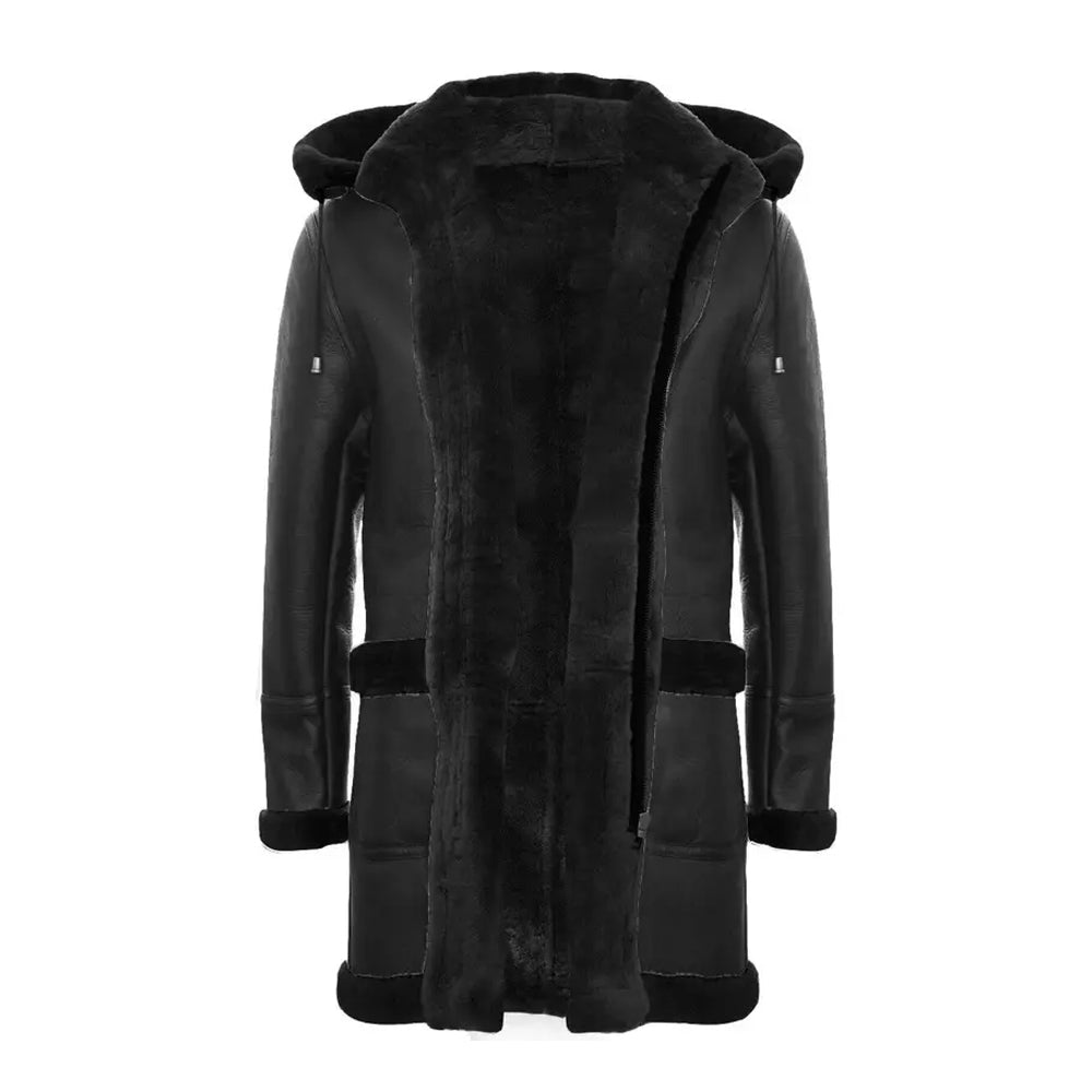 Men's Black Sheepskin Detachable Hood Duffle Coat