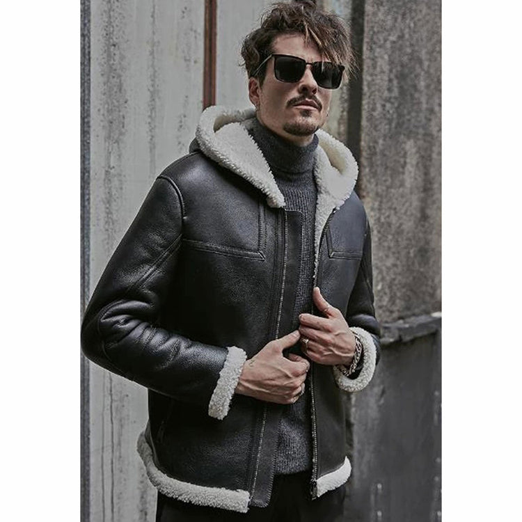 Men’s Black Sheepskin Leather White Shearling Jacket with Hood